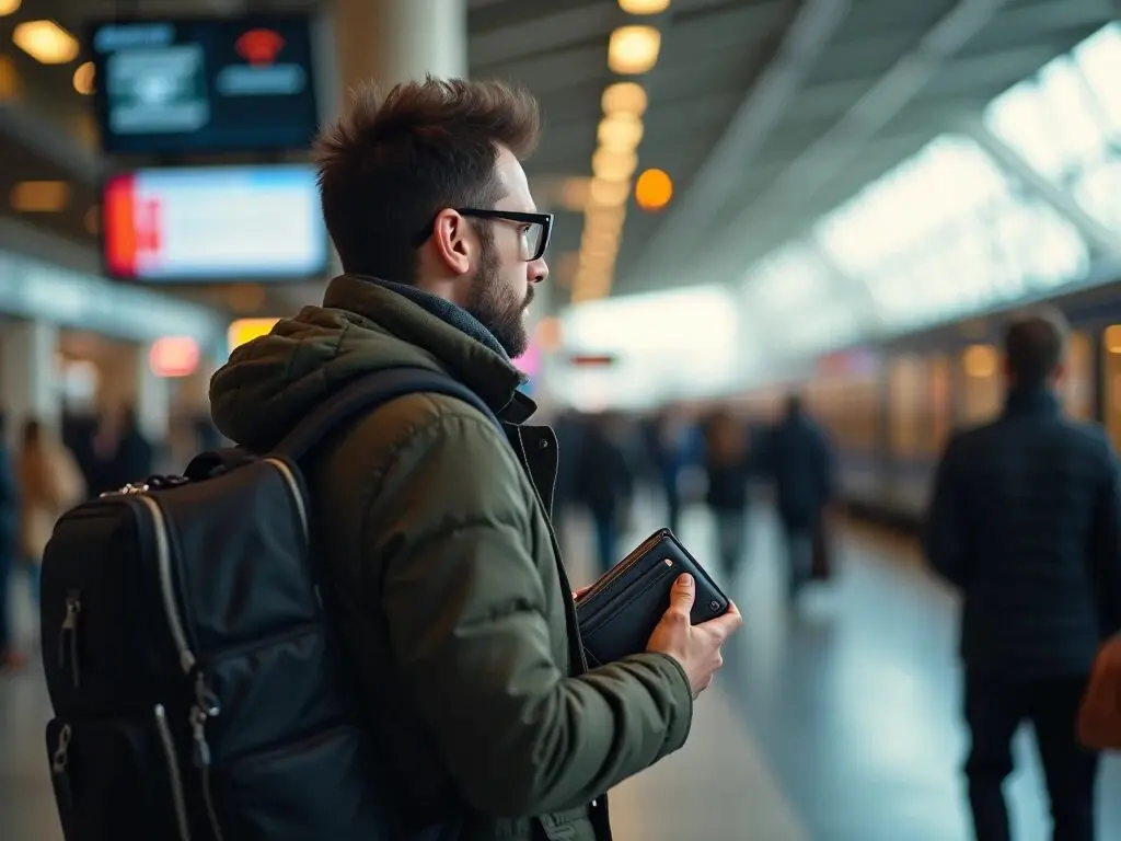 RFID traveler at a train station, holding an RFID-blocking wallet