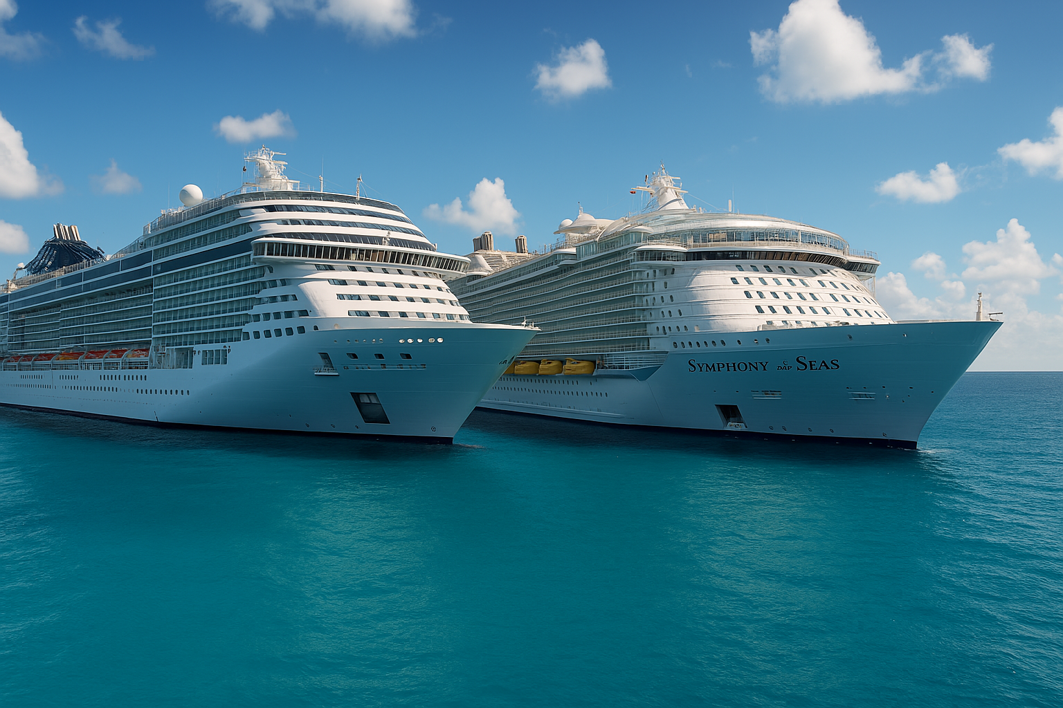 MSC Cruises ship and a Royal Caribbean ship floating side by side